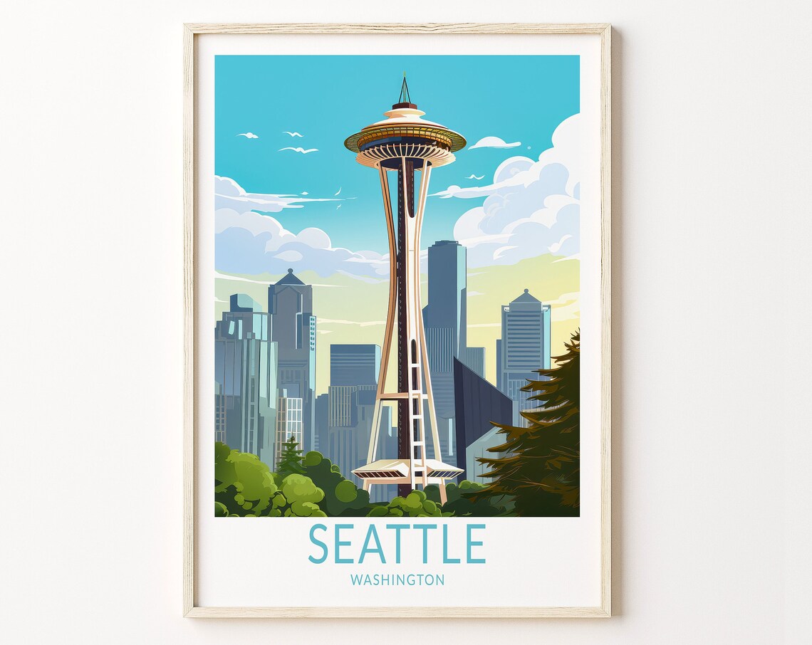Seattle Washington Space Needle Skyline Turquoise Retro Travel Poster