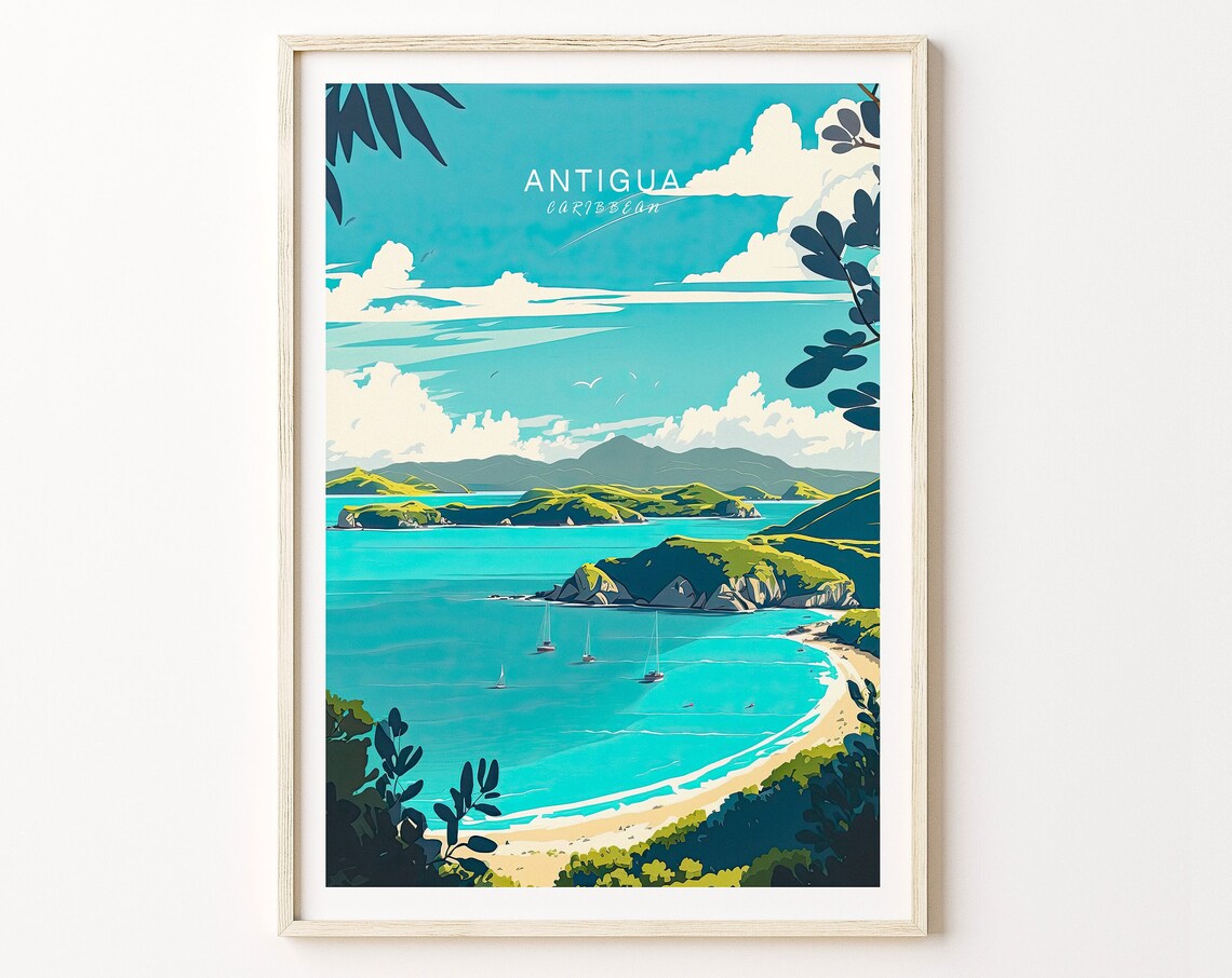 Antigua Caribbean Retro Travel Poster With Turquoise Bay And Sailboats