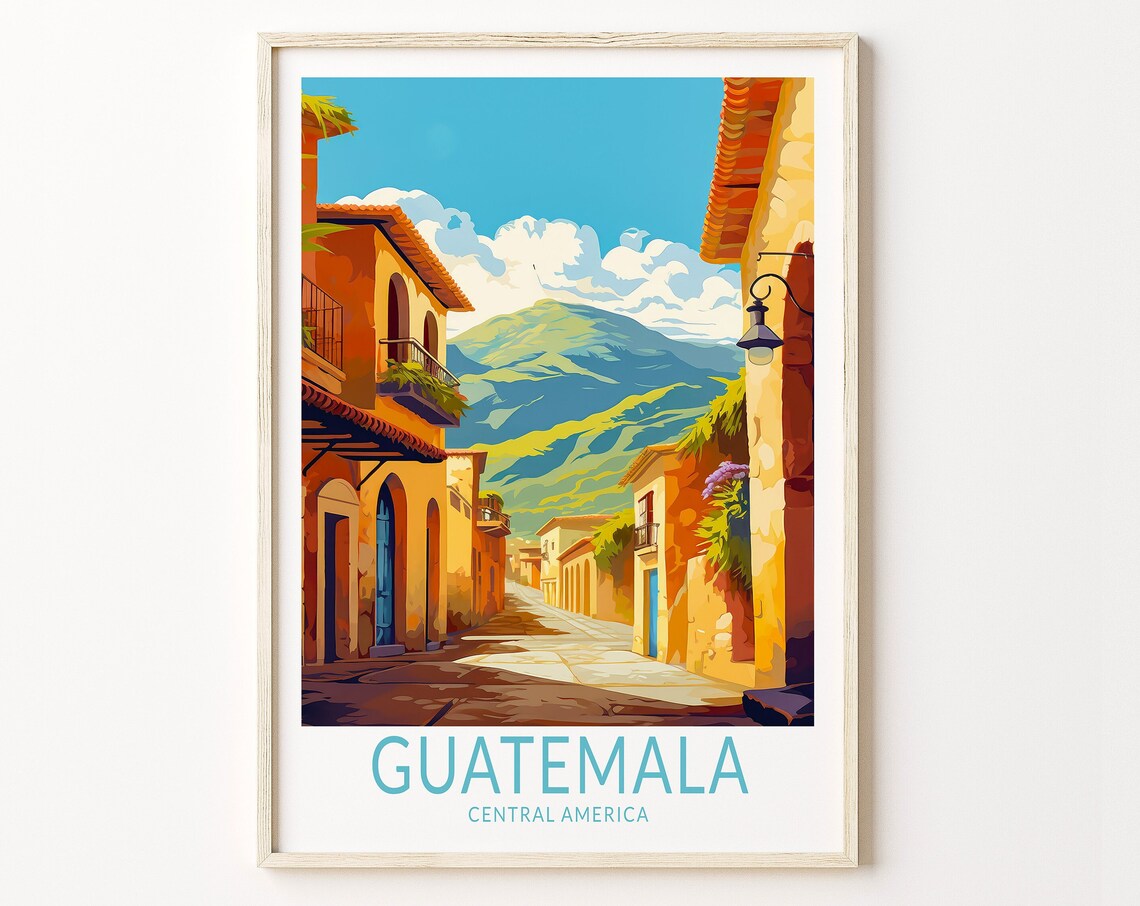 Colorful Guatemala Central America Old Town Street Travel Art Poster
