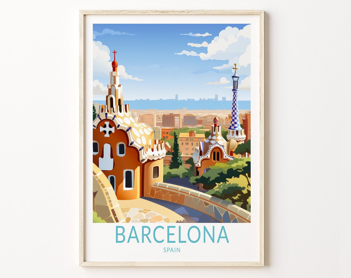 Barcelona Spain Park Guell Mosaic Architecture Retro Travel Poster