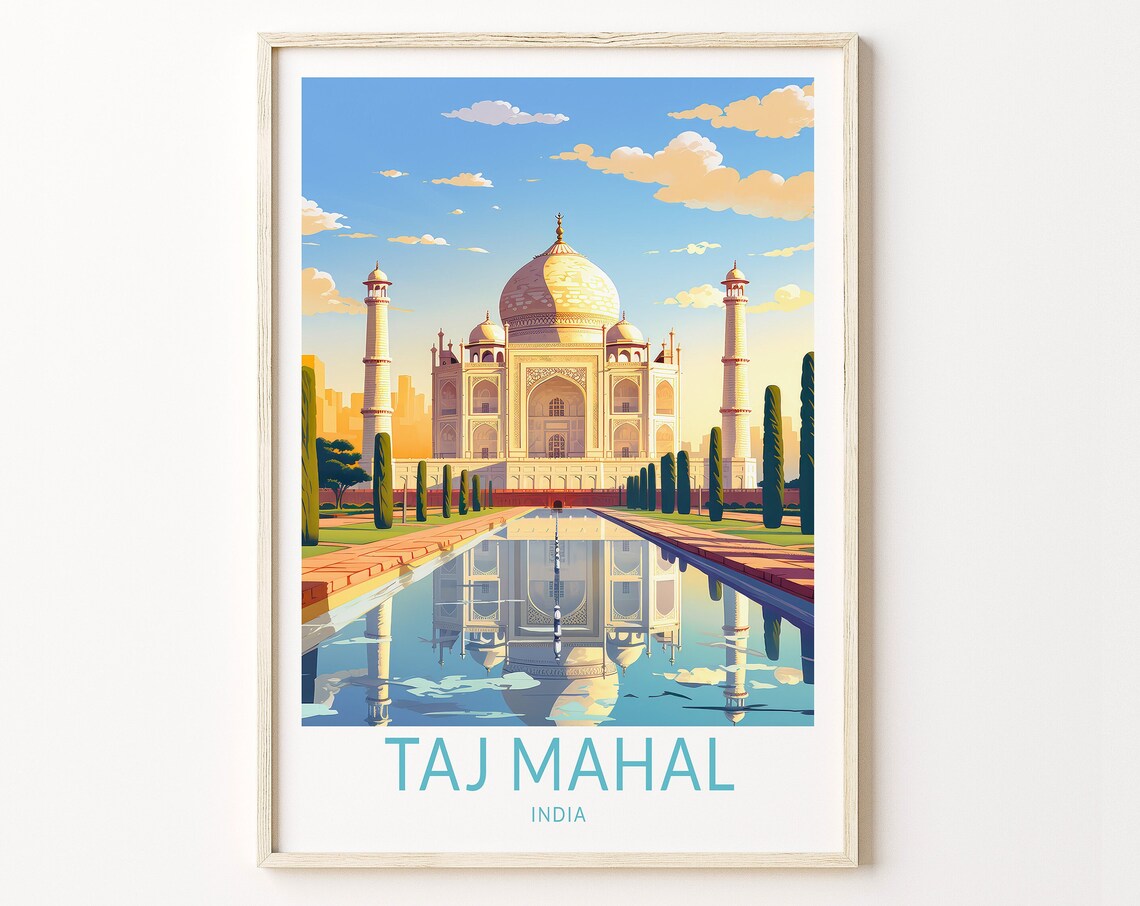 Taj Mahal India Reflecting Pool Golden Sunset Landmark Travel Poster