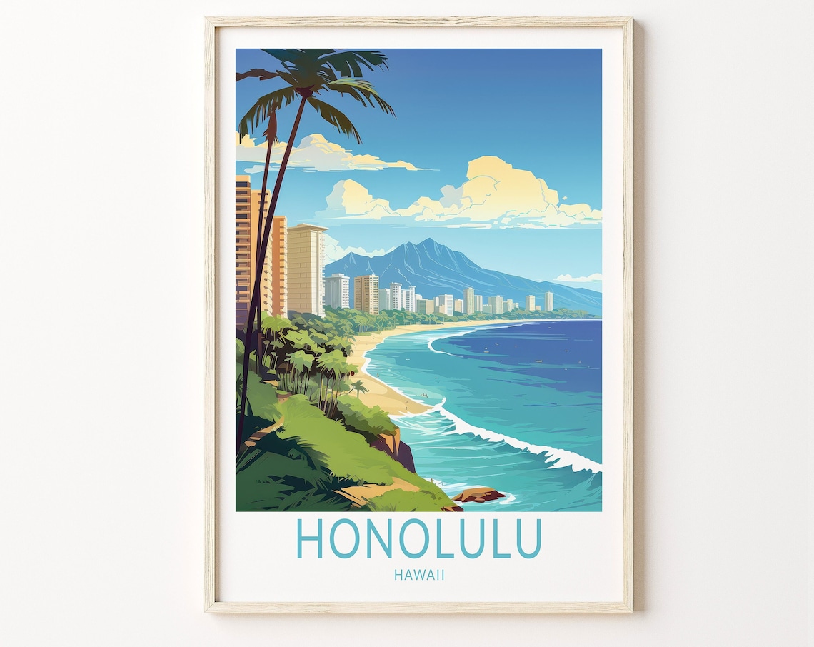 Honolulu Hawaii Waikiki Beach Hotels Palm Trees Ocean Travel Poster