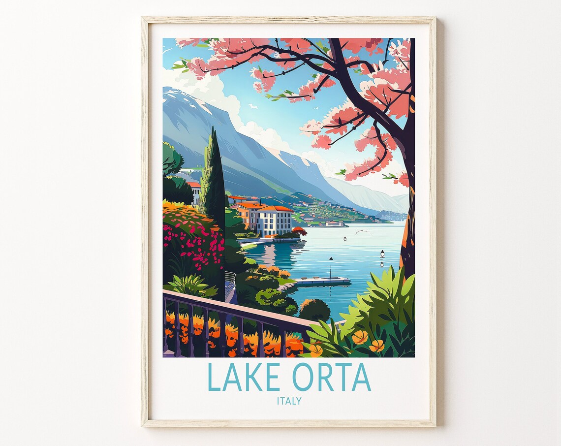 Lake Orta Italy Spring Blossoms Terrace View Illustrated Travel Poster