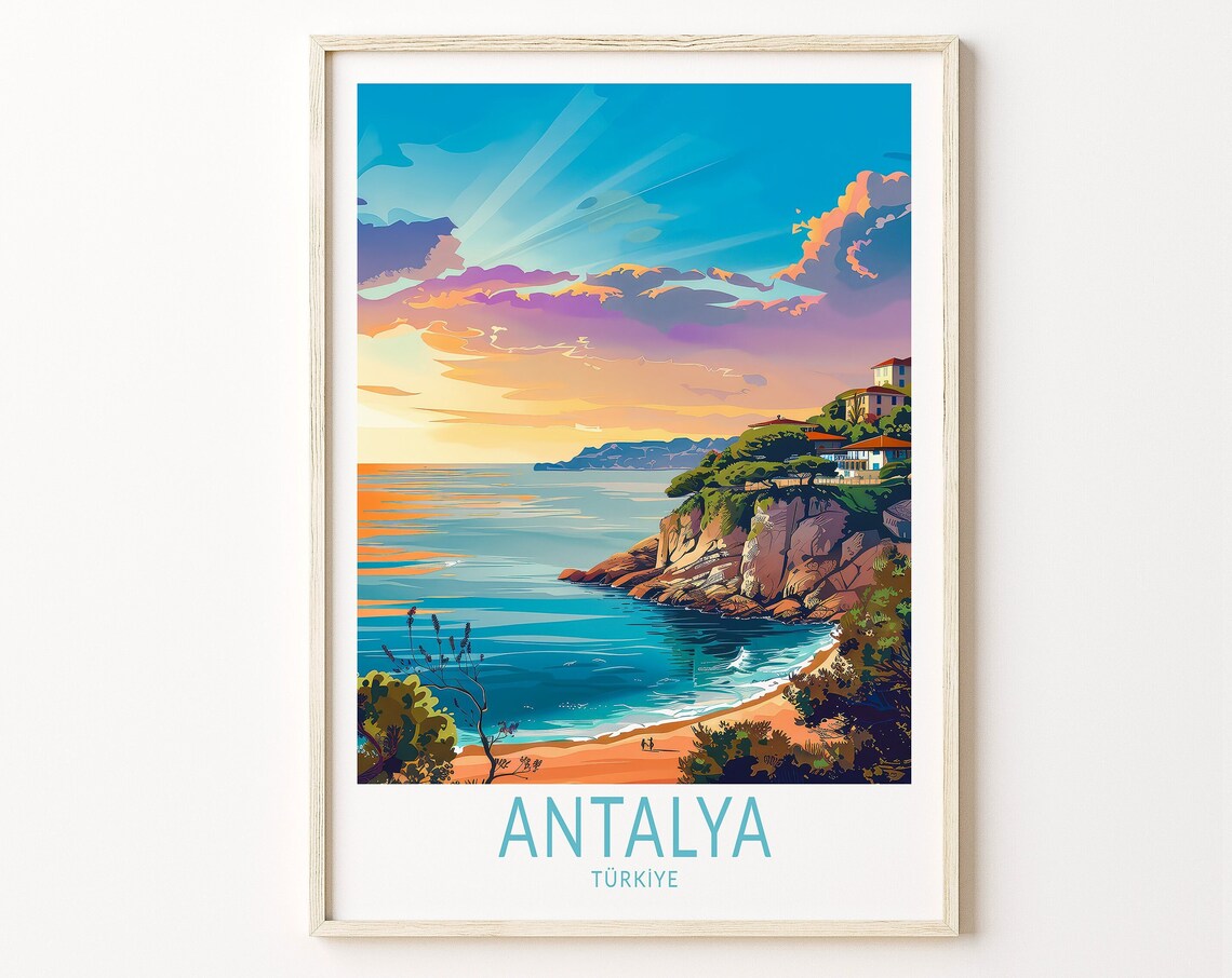 Antalya Turkiye Sunset Coast Cliffs Vintage Style Travel Poster