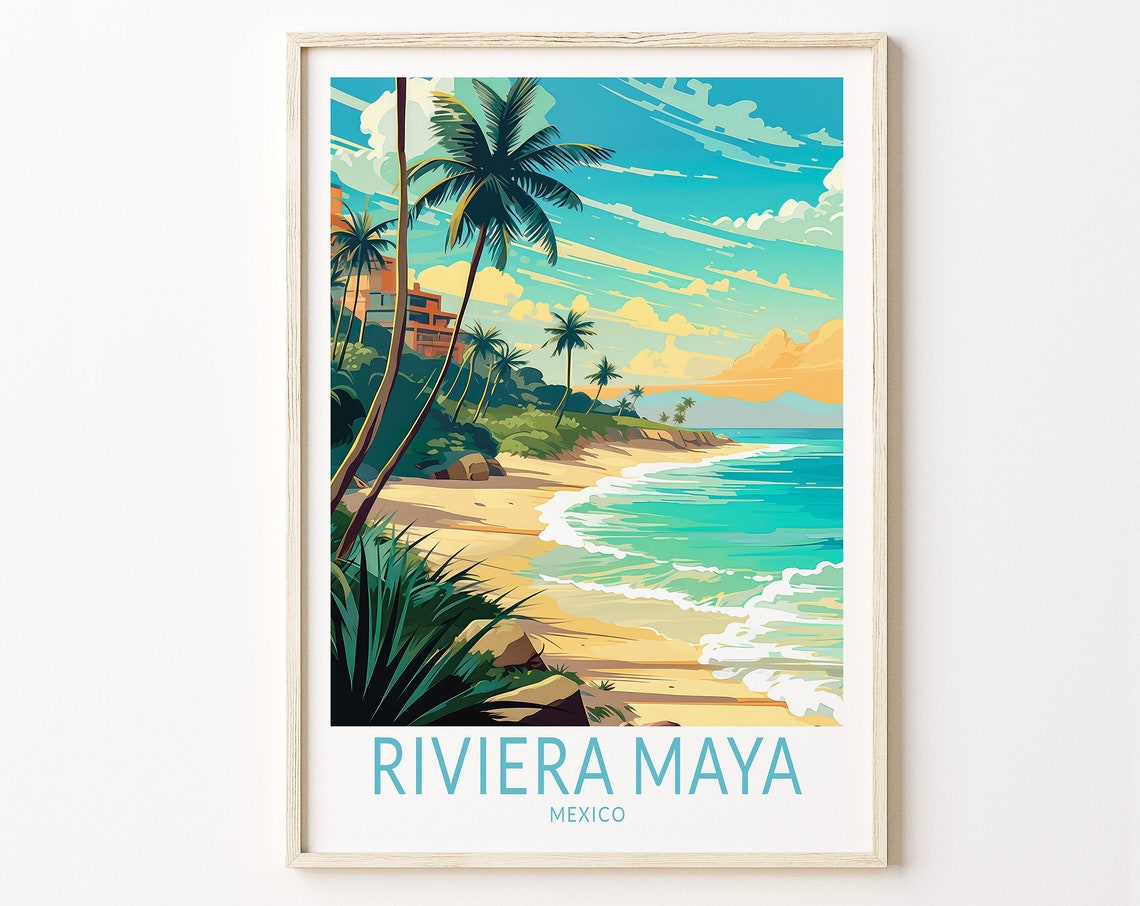 Riviera Maya Mexico Palm Beach Travel Poster with Turquoise Waves