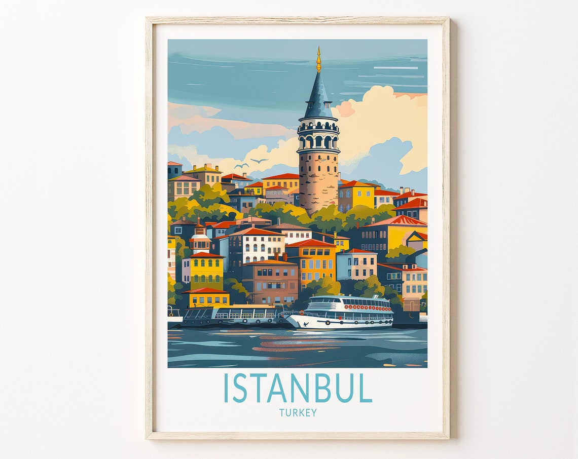 Istanbul Turkey Galata Tower Harbor View Illustrated Travel Poster