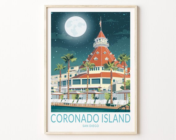 Coronado Island San Diego Night Moon Poster Vintage Travel Style