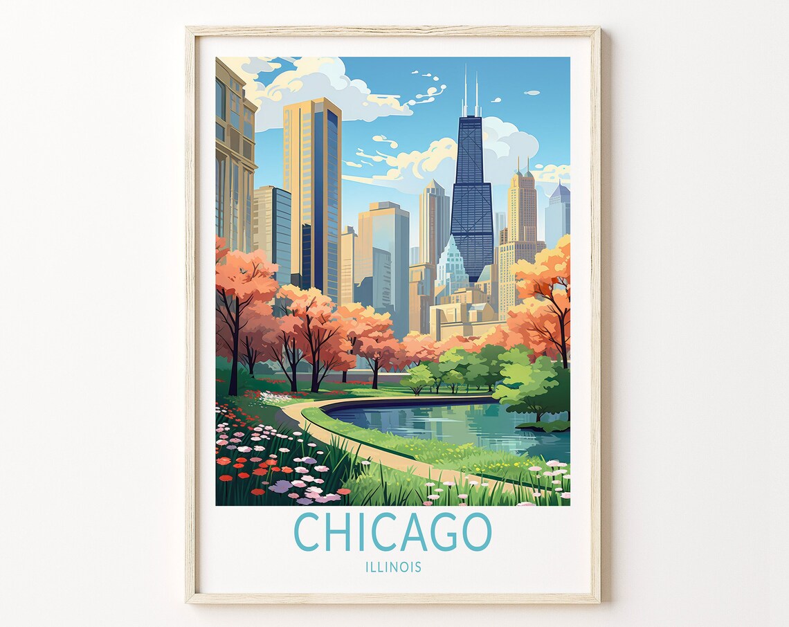 Chicago Illinois Skyline and Blooming Spring Park Retro Travel Poster
