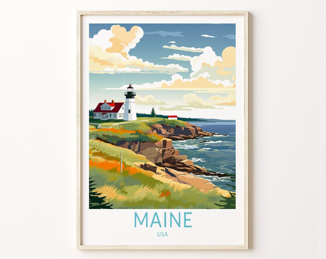 Maine Coastal Travel Poster, Maine State Travel Art