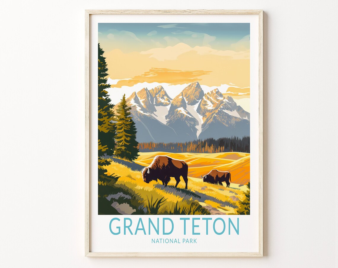 Grand Teton National Park Bison Grazing Golden Meadow Poster