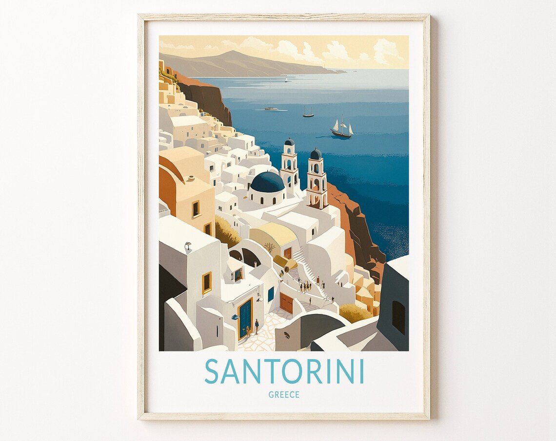Santorini Greece Travel Poster, City Travel Art