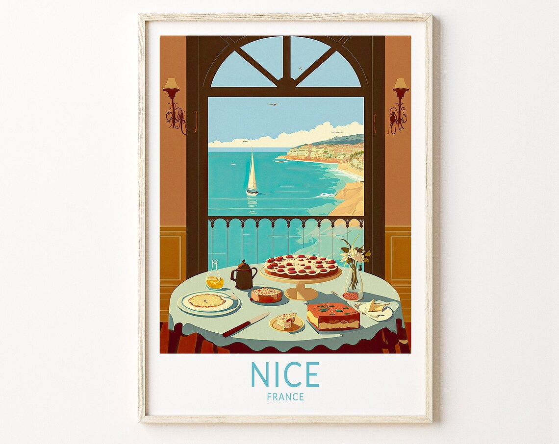 Nice France Riviera Balcony Breakfast Overlooking Sea Food Poster