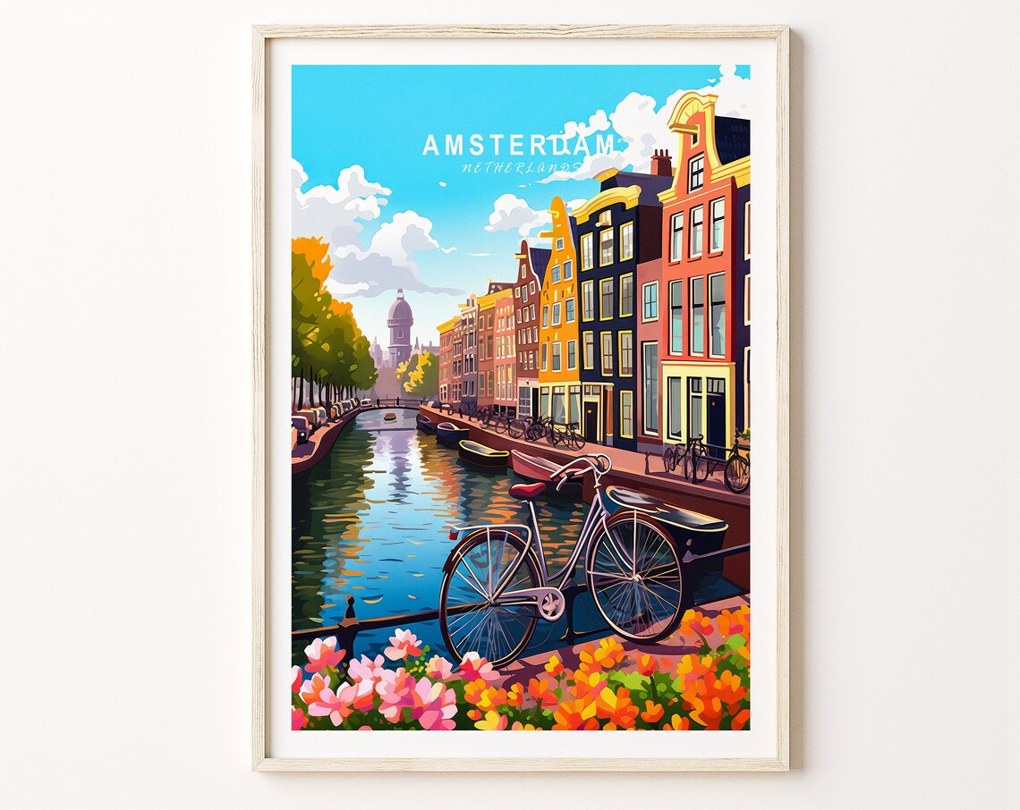 Amsterdam Netherlands Canal Bicycles Travel Illustration Poster