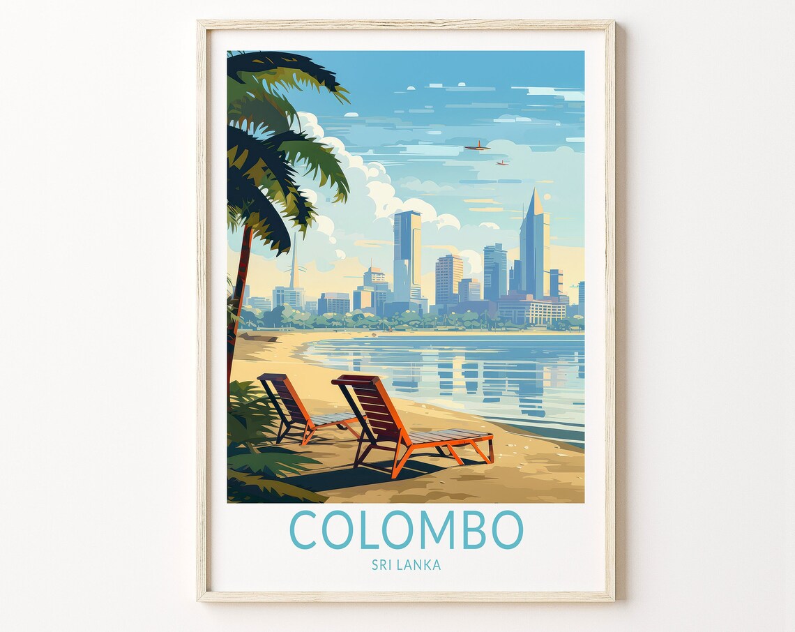 Colombo Sri Lanka Relaxing Daytime Beach Deck Chairs Travel Poster