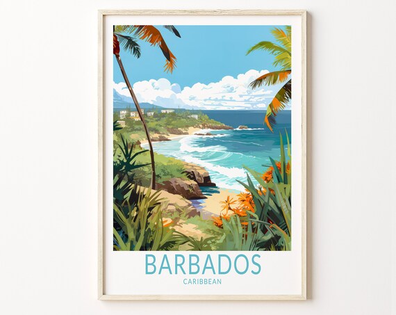 Barbados Caribbean Tropical Beach Waves Palm Trees Travel Poster