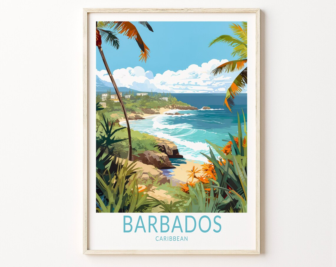 Barbados Caribbean Tropical Beach Waves Palm Trees Travel Poster