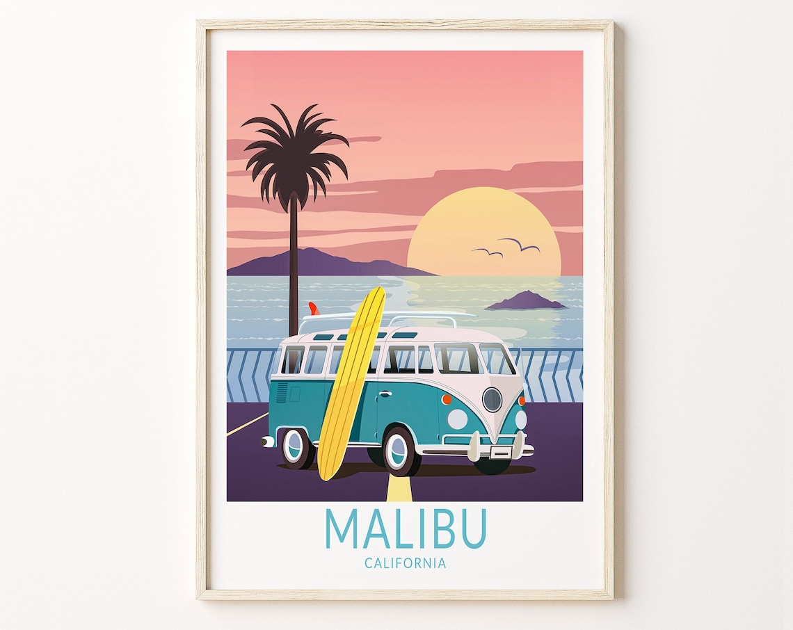 Malibu California Sunset Camper Van With Surfboard Travel Poster