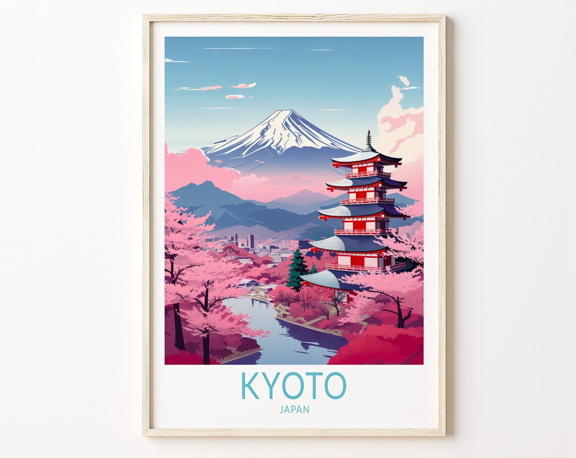 Kyoto Japan Pagoda Mount Fuji Cherry Blossom Travel Art Poster