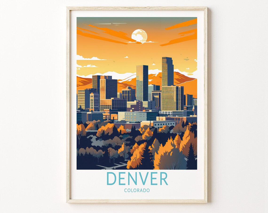Denver Colorado Downtown Skyline Autumn Sunset Travel Poster