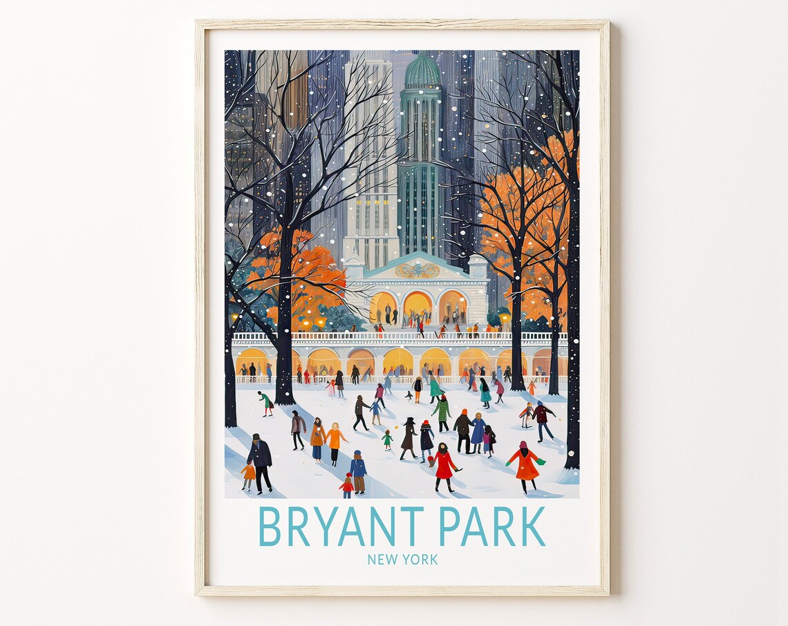Bryant Park New York City Travel Poster, Holiday Art Print
