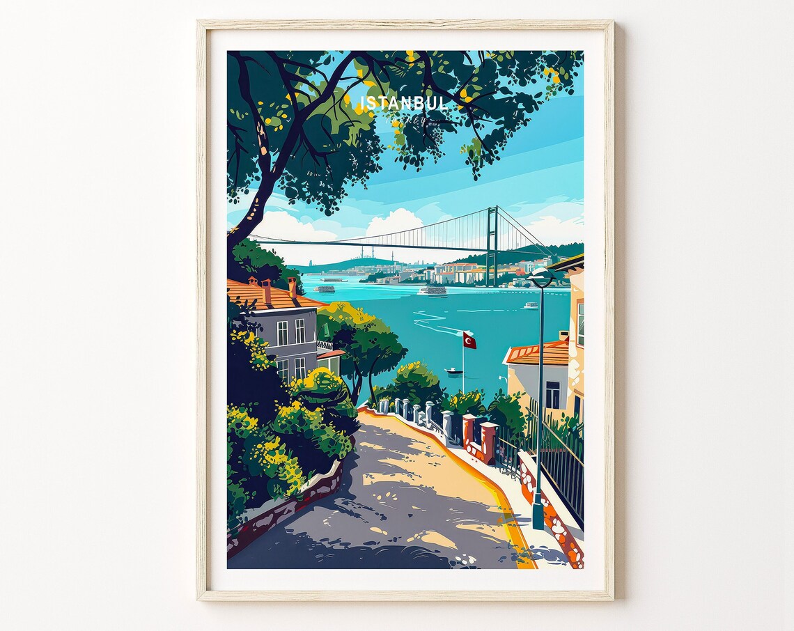 Istanbul Turkey Bosphorus Bridge Hillside Street Summer Travel Poster