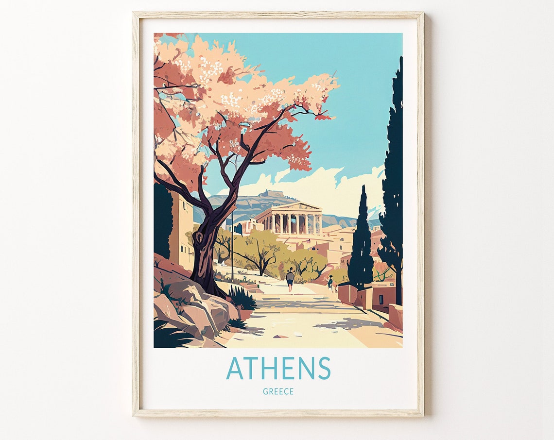 Athens Greece Acropolis Spring Blossom Retro Parthenon Travel Poster