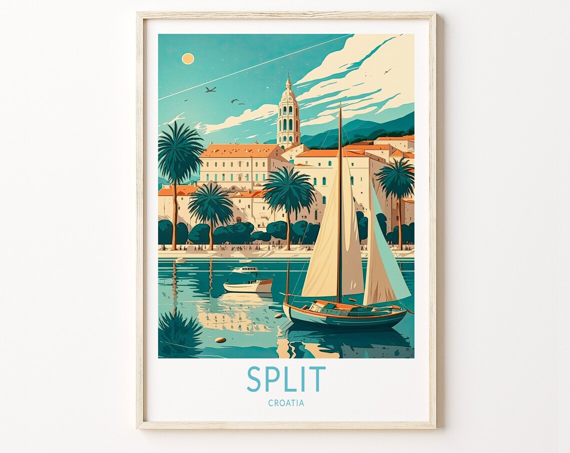 Split Croatia Vintage Travel Poster, Europe Map Print