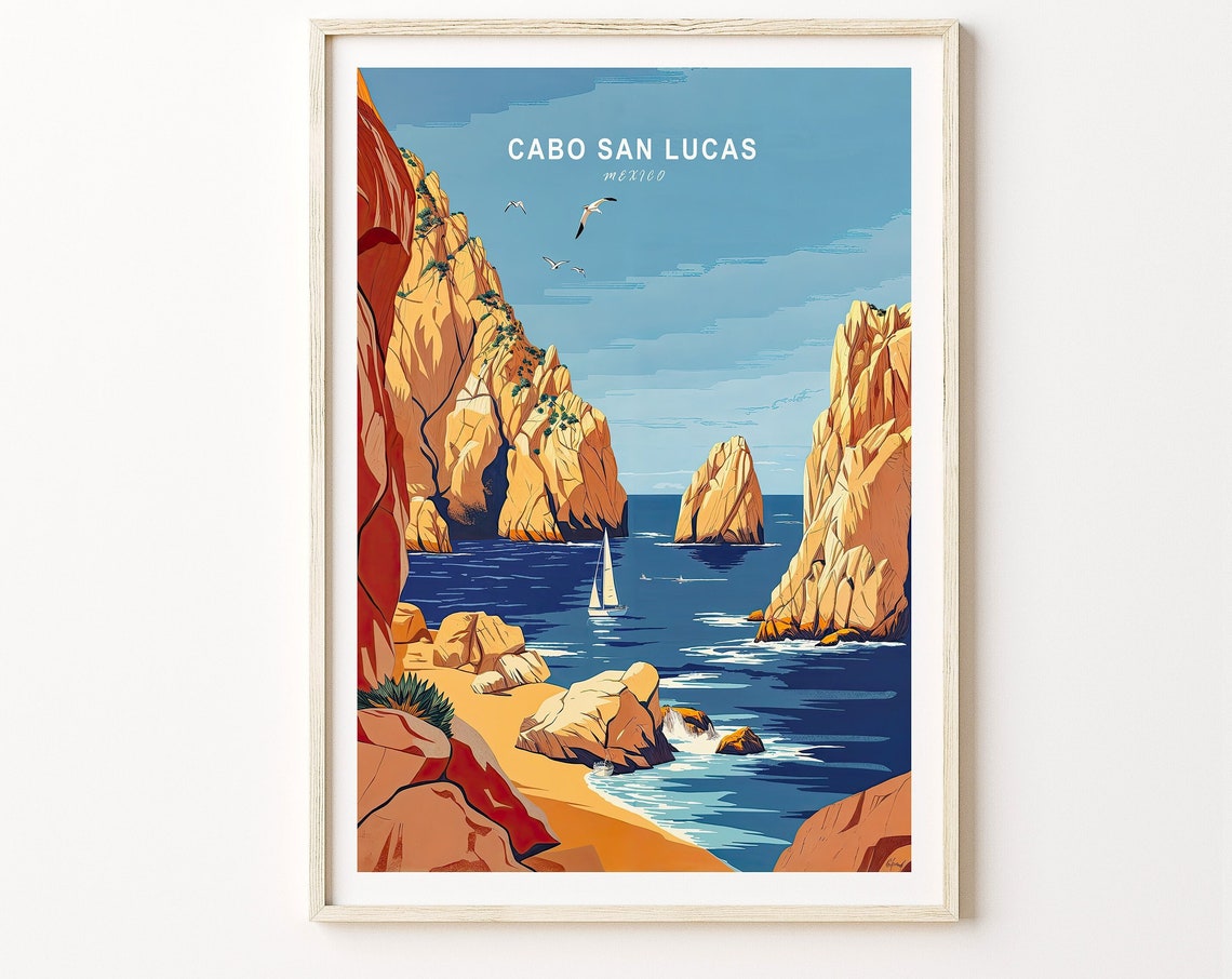 Cabo San Lucas Mexico El Arco Golden Cliffs Sailboat Travel Poster