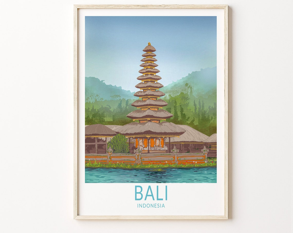 Bali Indonesia Tiered Temple Pagoda Lake Morning Mist Travel Poster
