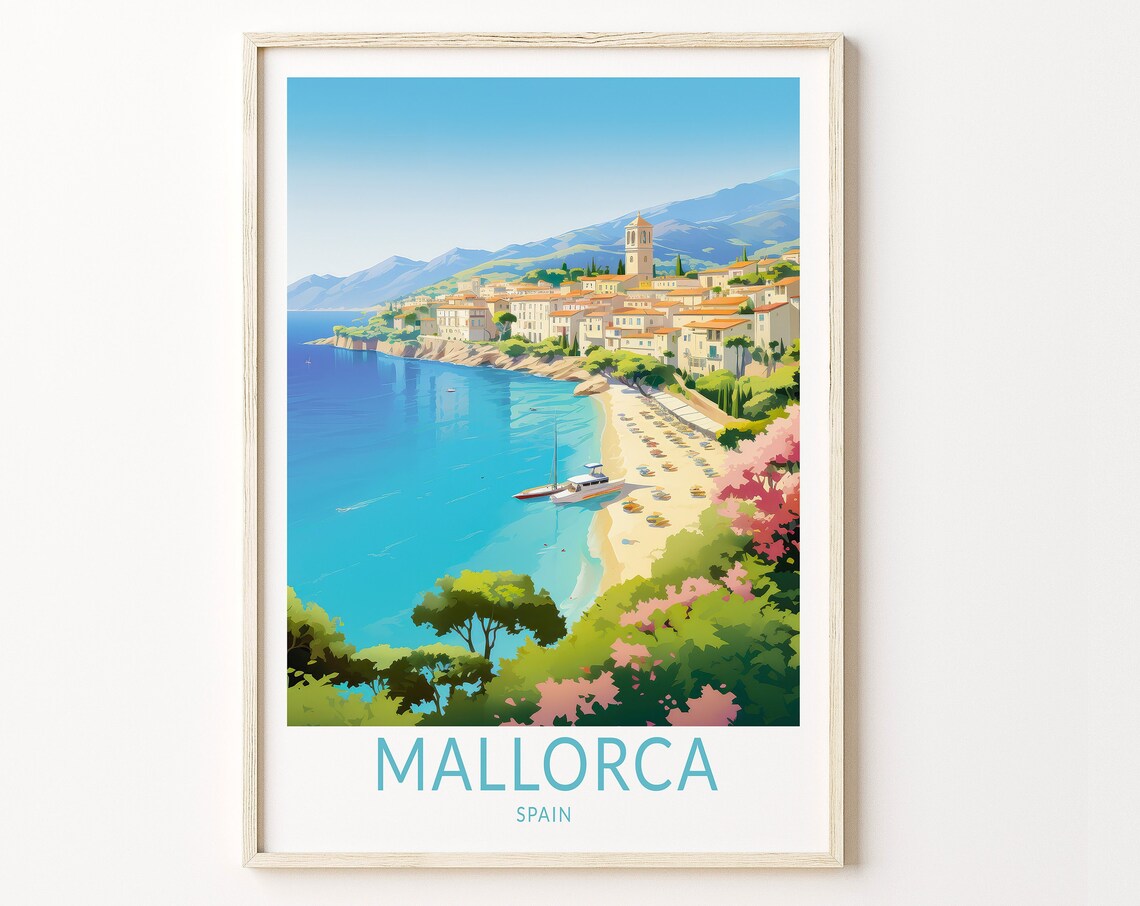Mallorca Spain Coastal Town Beach Vintage Style Travel Poster