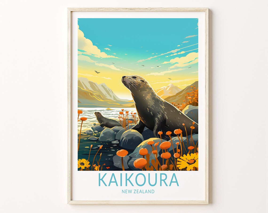 Kaikoura New Zealand Seal Colony Sunset Vintage Travel Poster
