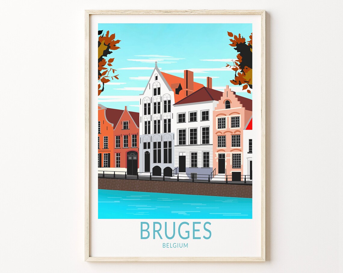 Bruges Belgium Canal Row Historic Gabled Houses Travel Poster