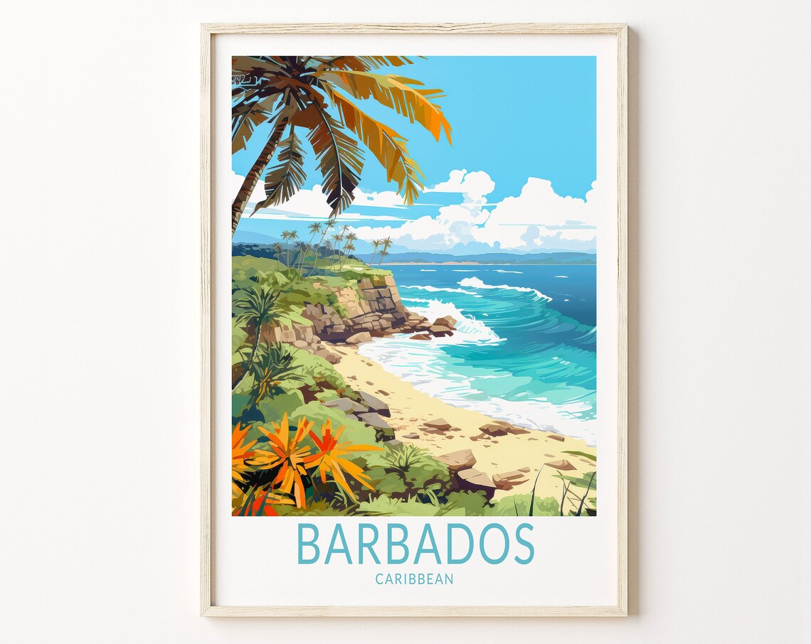 Barbados Caribbean Beach Travel Poster Palm Trees Ocean Waves Artwork