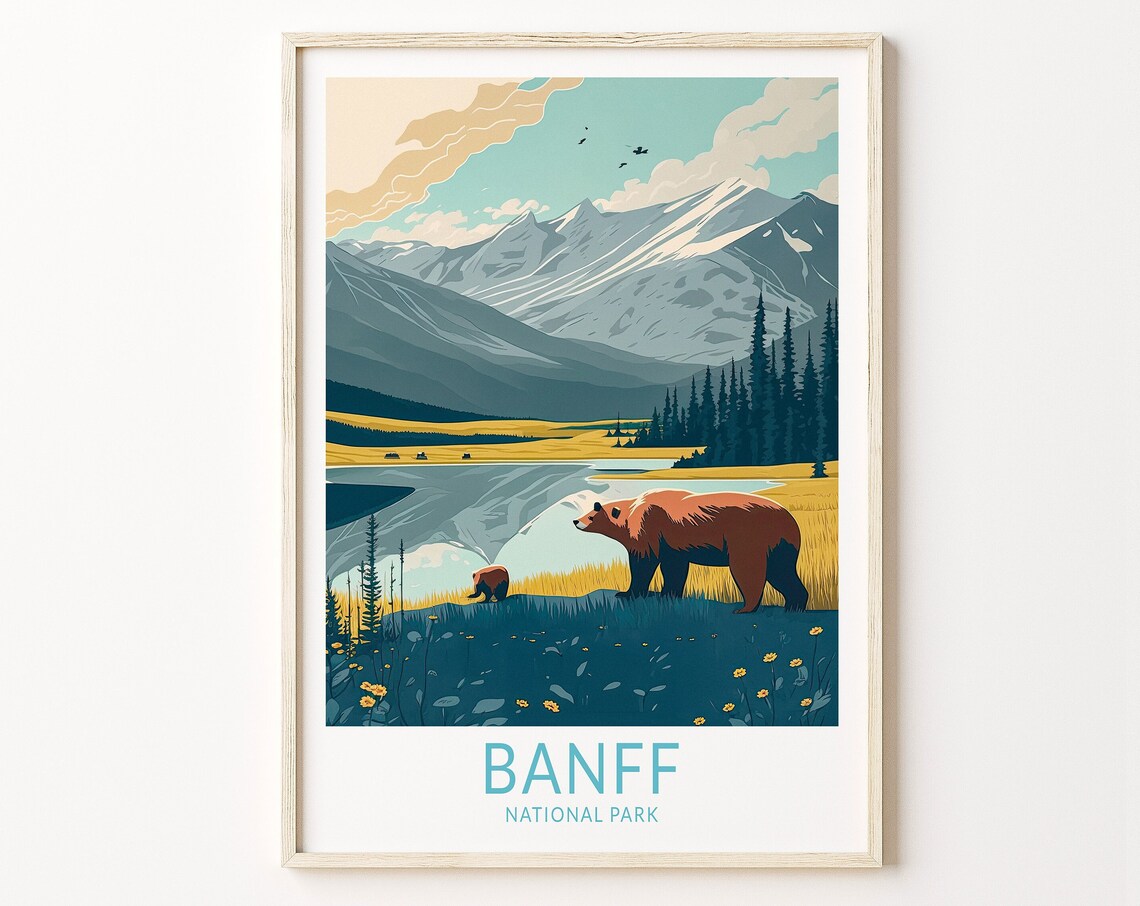 Banff National Park Bears And Mountain Lake Canada Travel Poster