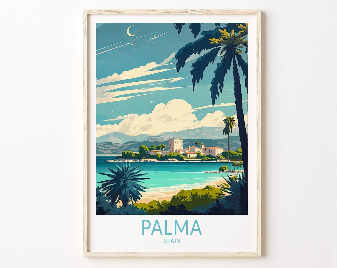 Palma Spain Turquoise Bay Palm Trees And Old Town Travel Poster