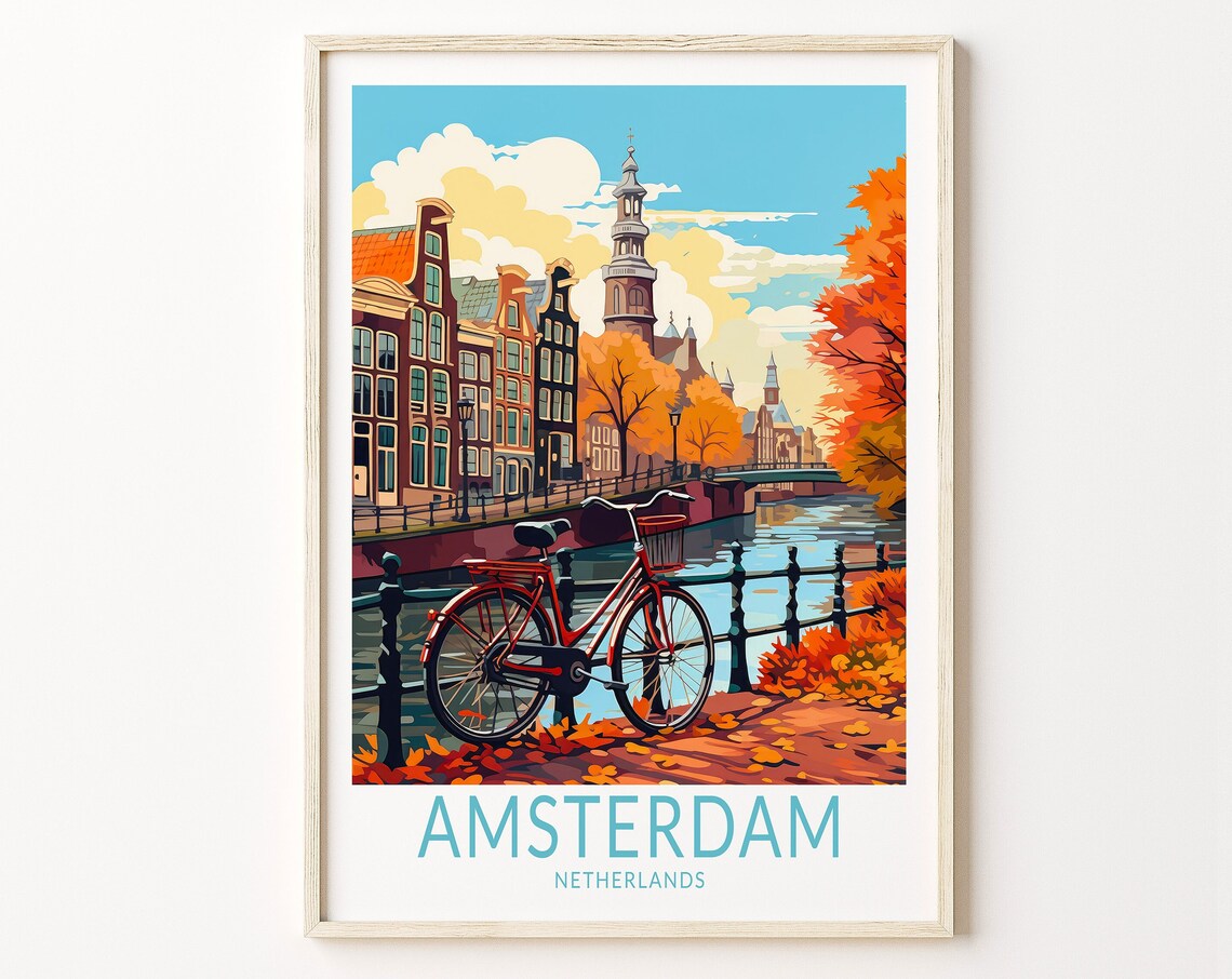 Amsterdam Netherlands Autumn Canal Red Bike Vintage Art Poster