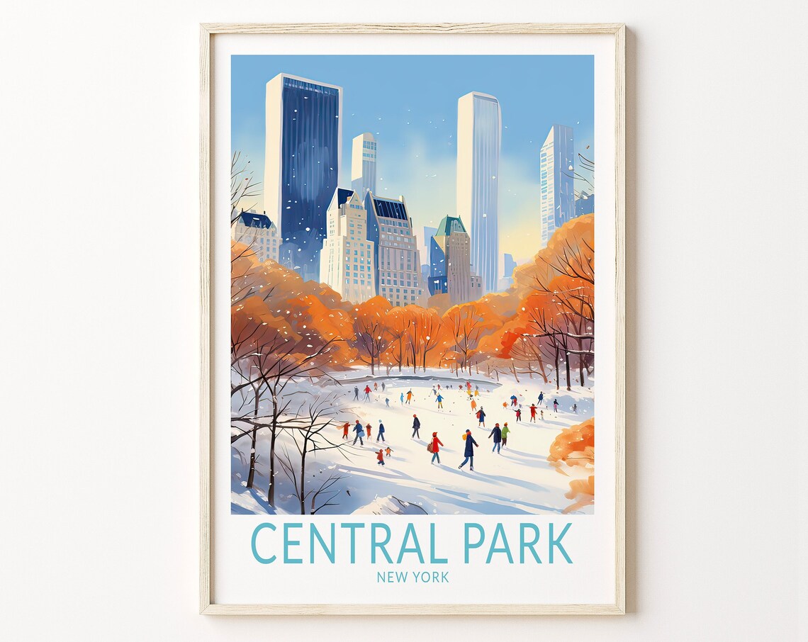 Central Park New York Winter Ice Skating Scene Travel Poster Art