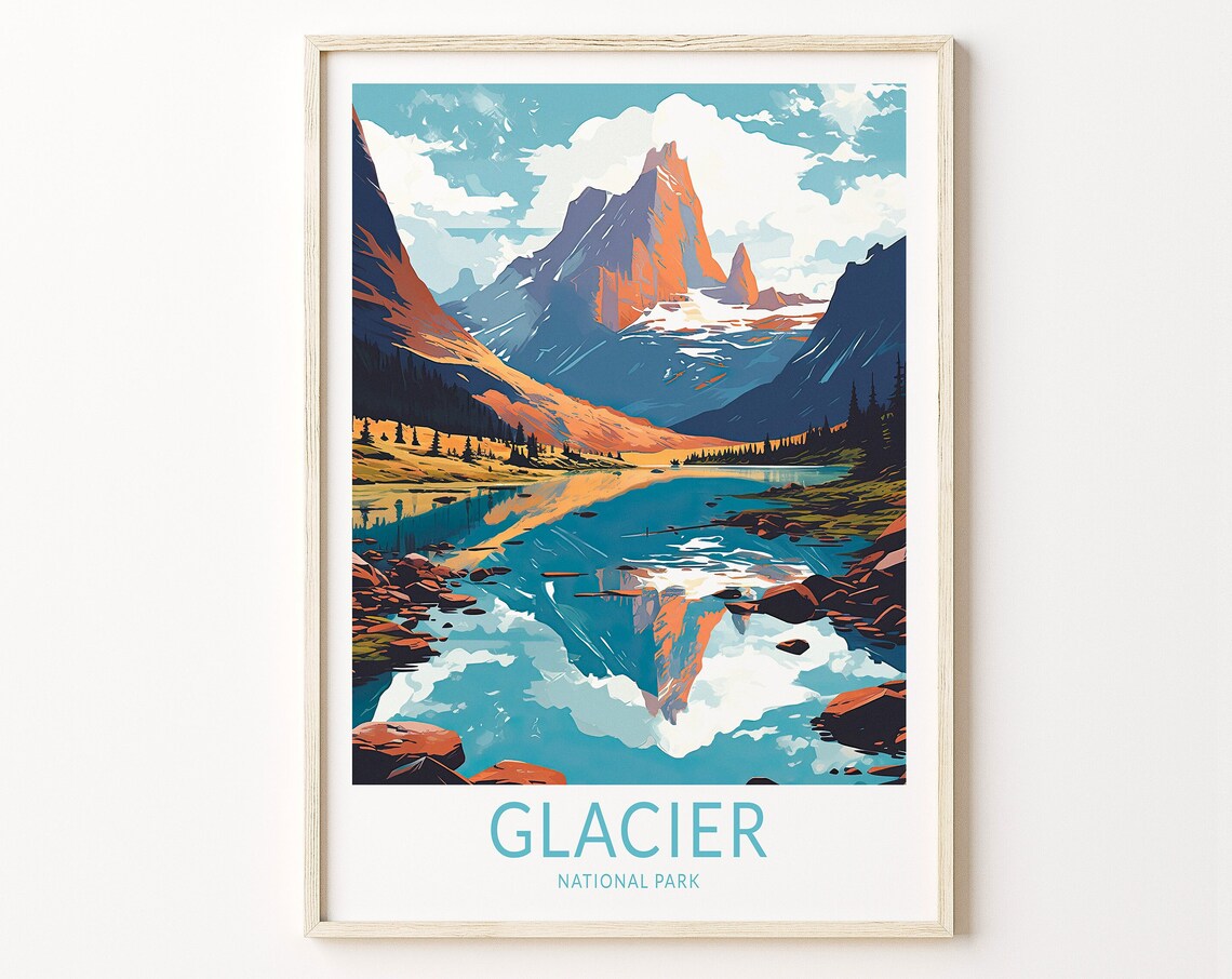 Glacier National Parks Travel Poster, Wall Art Print