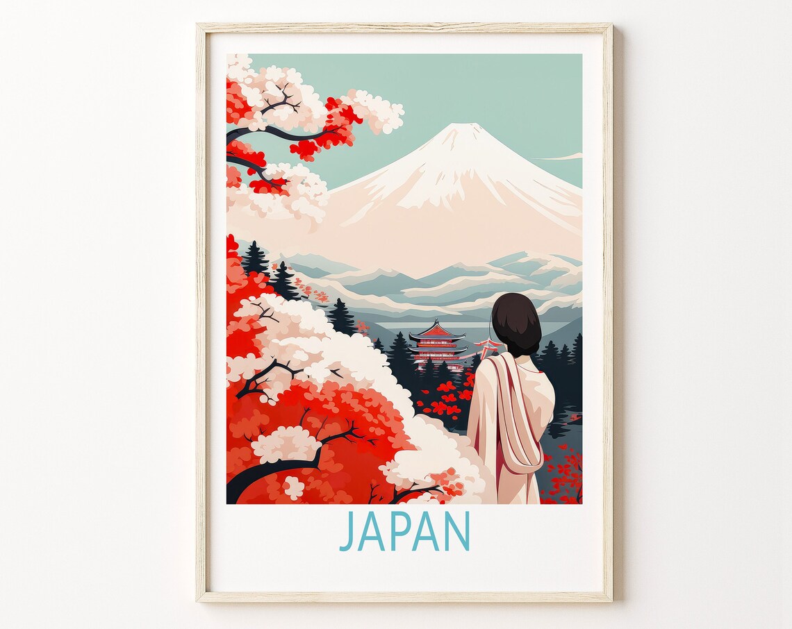 Japan Mount Fuji Cherry Blossom Pagoda Vintage Travel Art Poster
