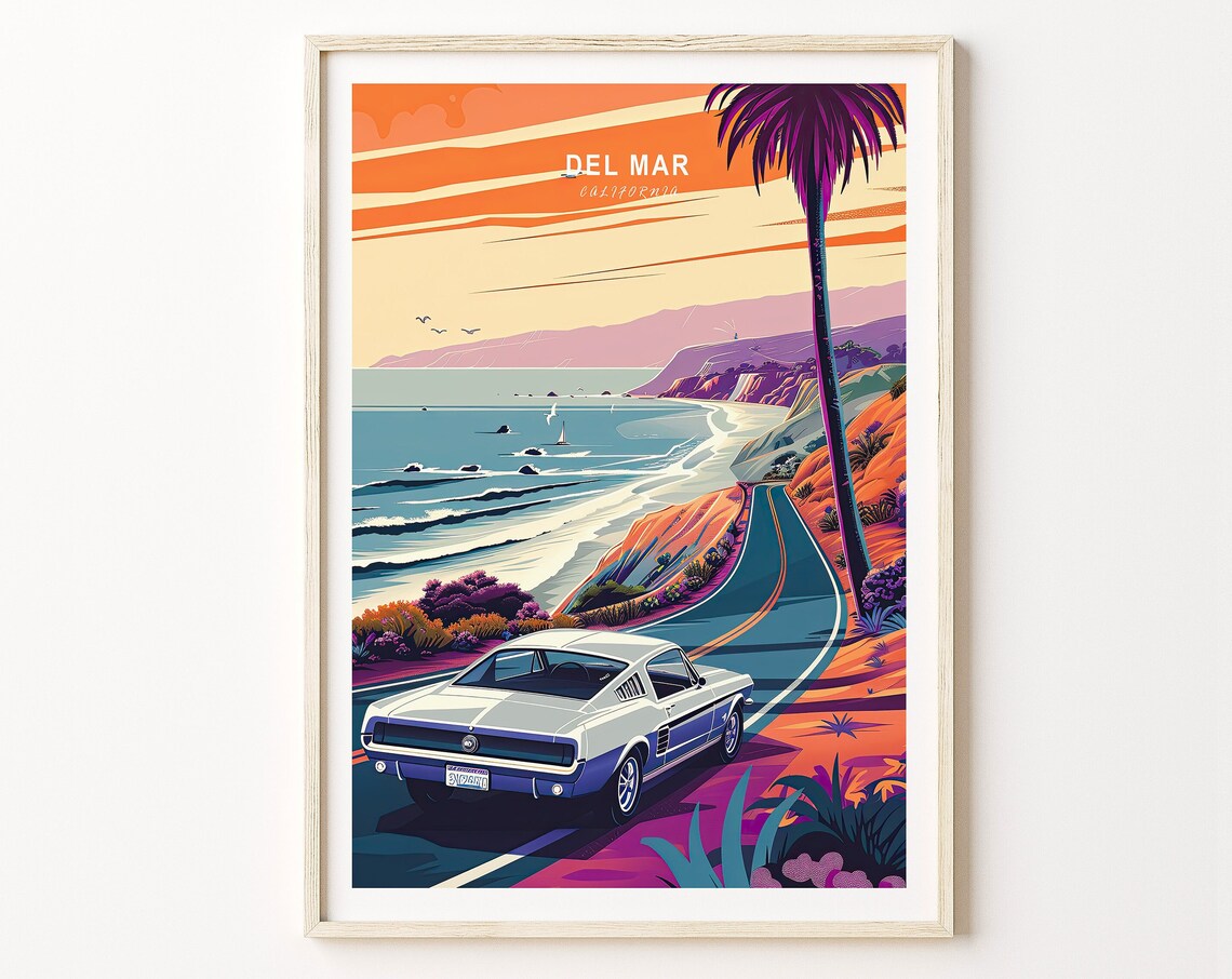 Del Mar California Vintage Mustang Coastal Drive Travel Poster