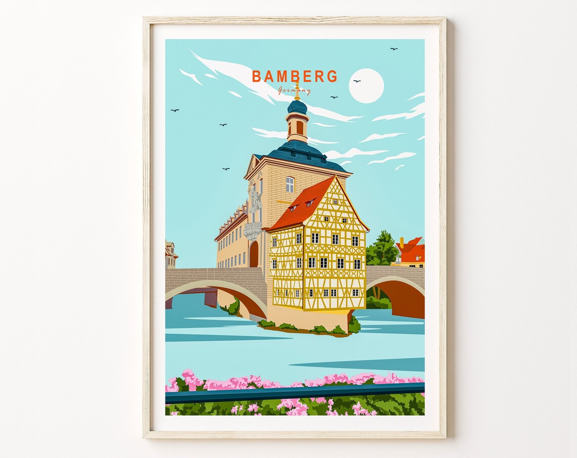 Bamberg Germany Old Town Hall Bridge River Illustration Poster