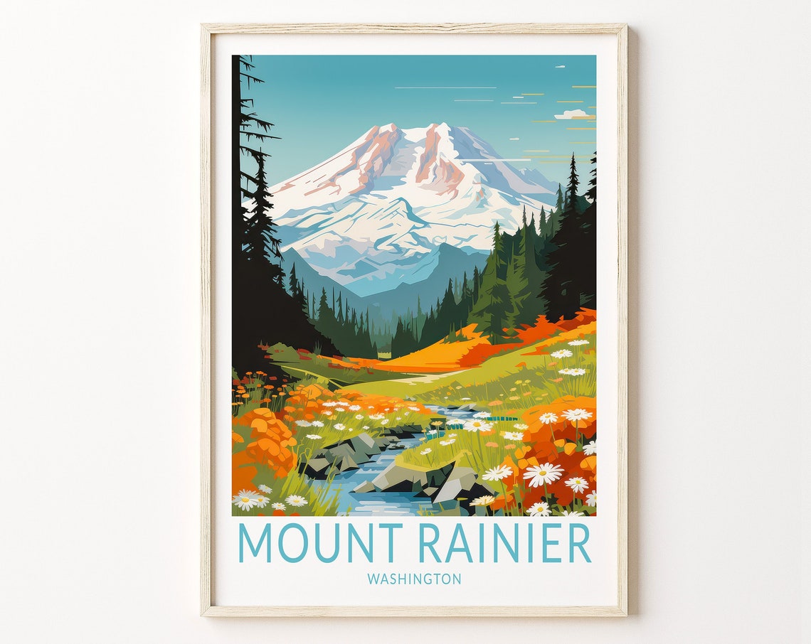 Mount Rainier Washington Wildflower Meadow Mountain Travel Poster