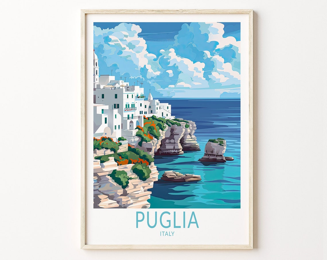 Puglia Italy Whitewashed Cliff Town Turquoise Sea Coast Travel Poster