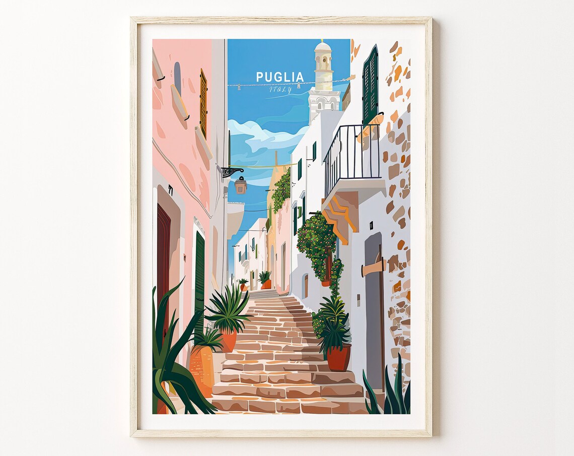 Colorful Puglia Italy Old Town Stone Steps Bell Tower Travel Poster