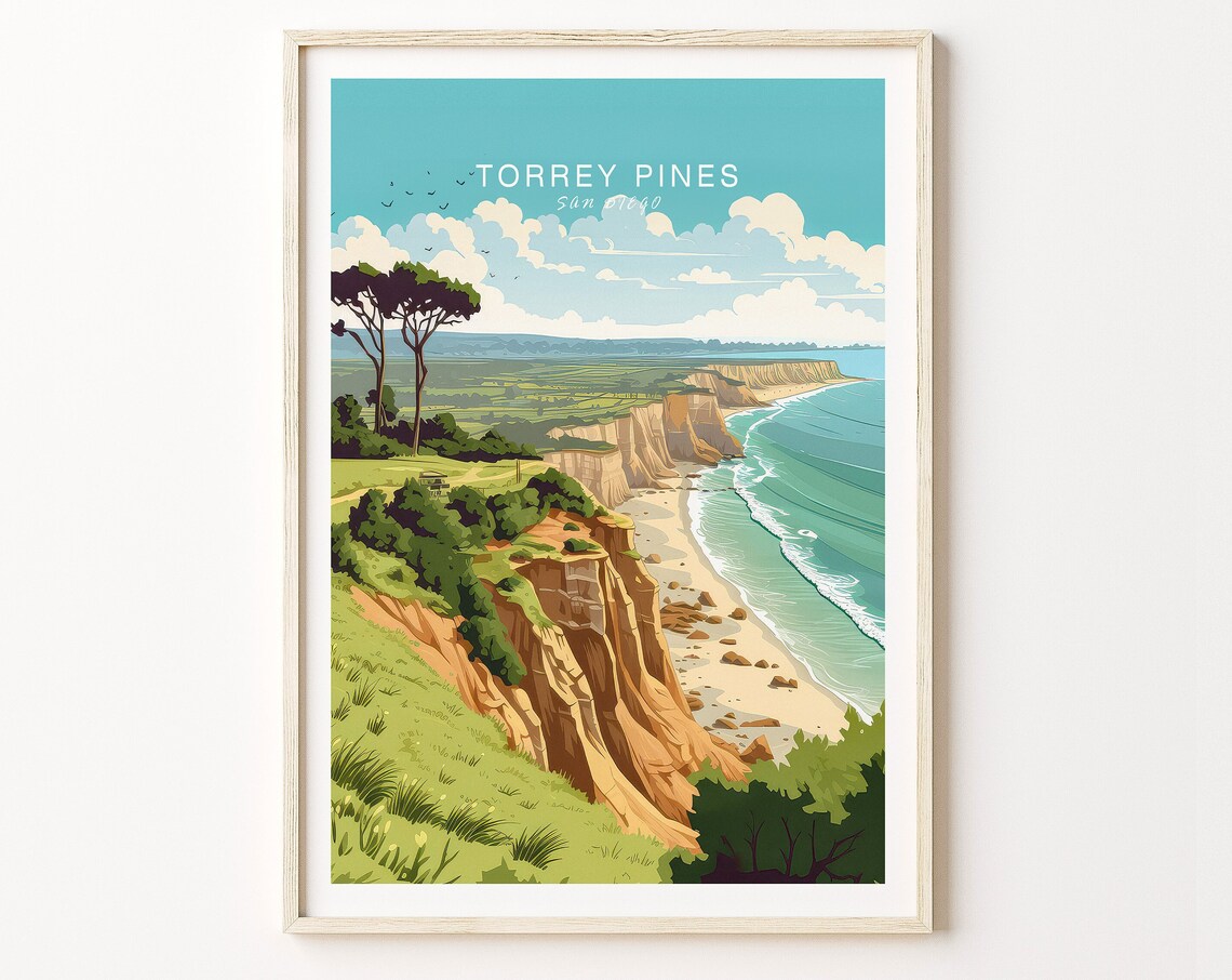 Torrey Pines San Diego Cliffs Coast Vintage Travel Art Poster