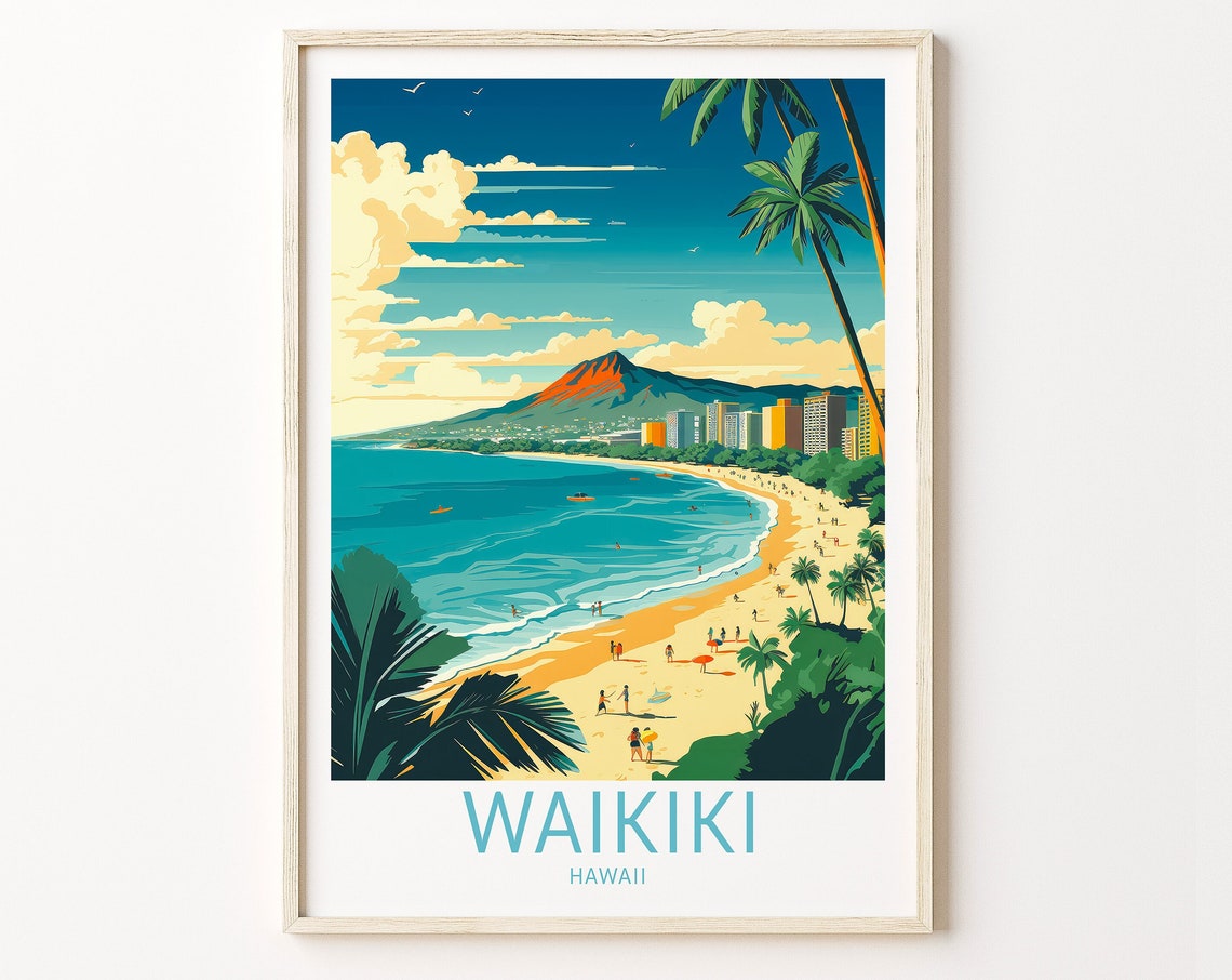 Hawaii Waikiki Travel Poster Waikiki Beach Travel Poster Print Hawaii Waikiki Travel Poster Wall Art Hawaii Coastal Travel Poster