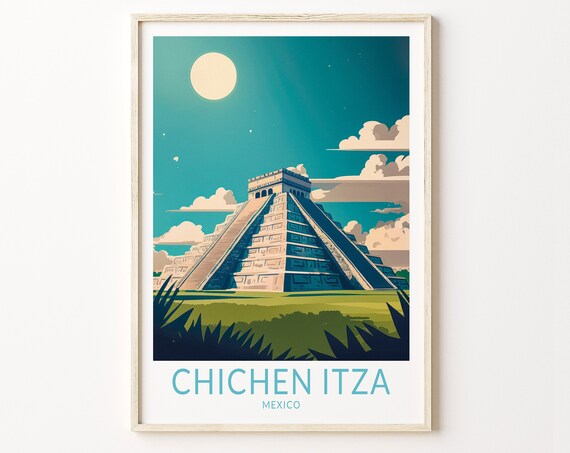 Chichen Itza Mexico Mayan Pyramid Under Big Sun Retro Sky Travel Poster