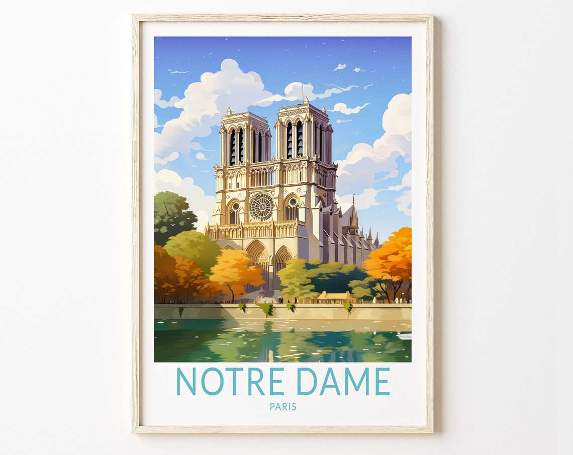 Notre Dame Cathedral Paris Autumn Sunset Golden Light Travel Poster