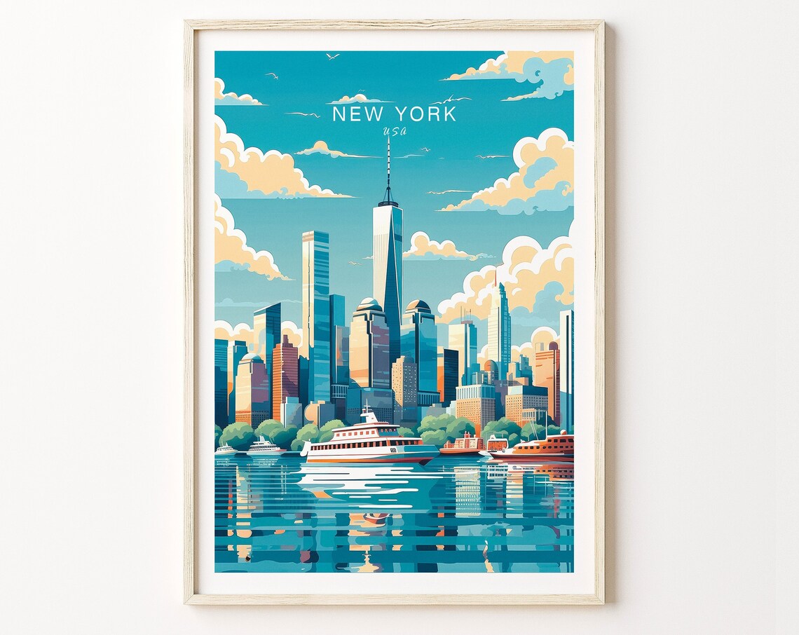 New York City Manhattan Skyline Ferry Vintage Travel Art Poster