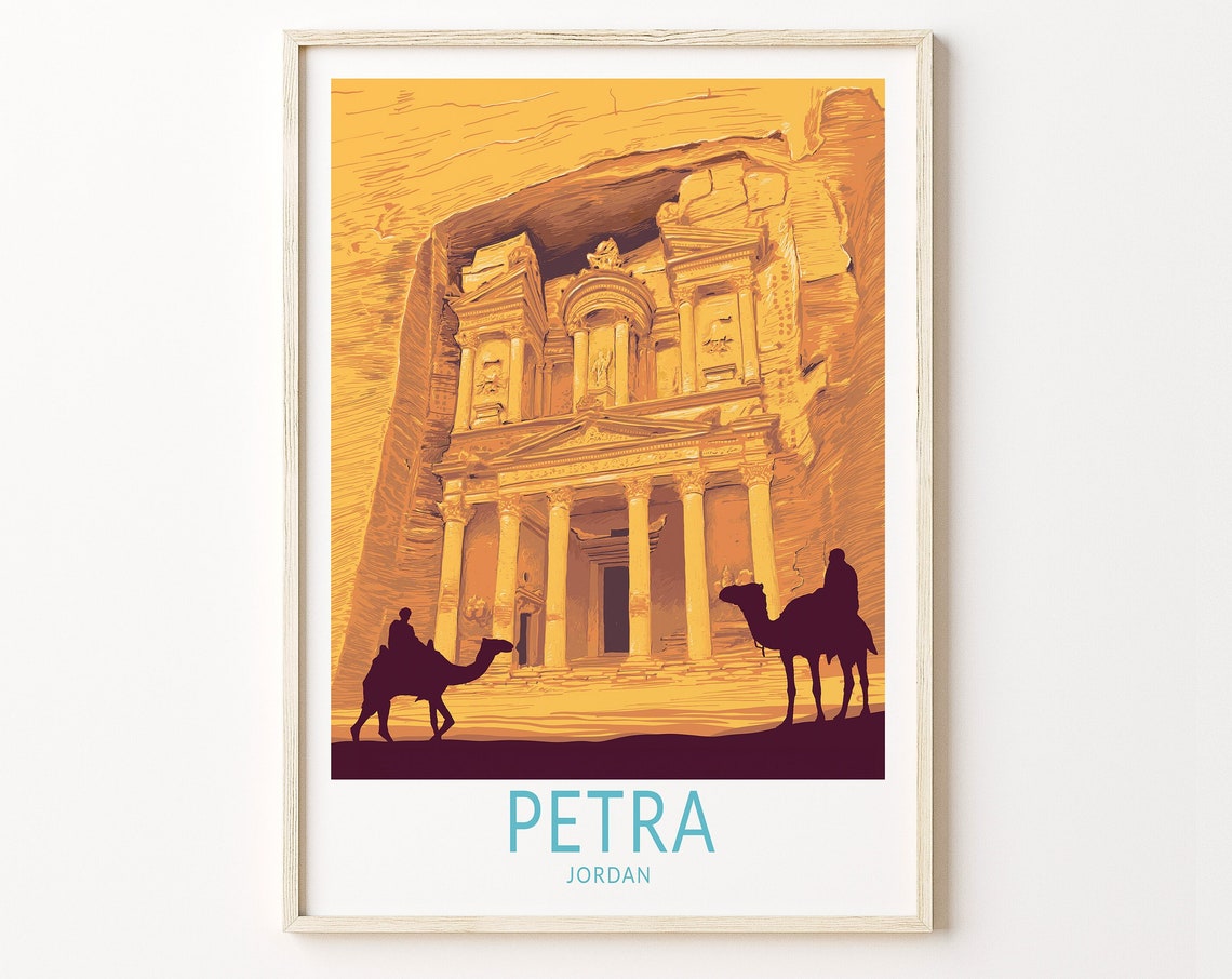 Petra Jordan Treasury Golden Facade Camel Silhouettes Travel Poster